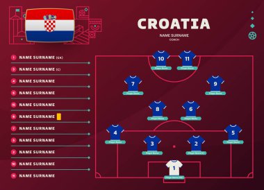 Croatia 2022 Dünya Futbol Şampiyonası son aşama vektör illüstrasyonu. Şehir takımının sıralama masası ve futbol sahasında takım oluşumu. futbol turnuvası vektör ülke bayrakları.