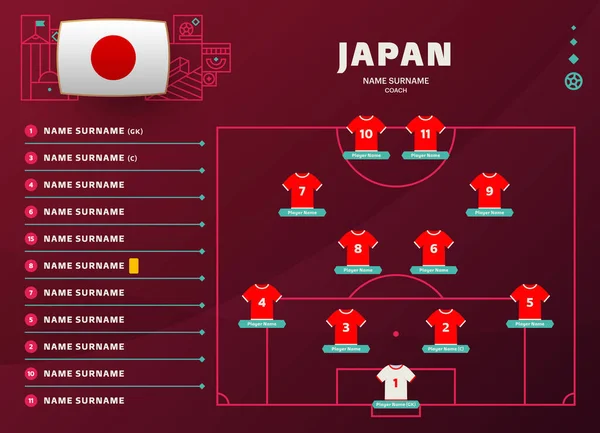 Japón Alineación Mundial Fútbol 2022 Torneo Etapa Final Vector Ilustración — Archivo Imágenes Vectoriales