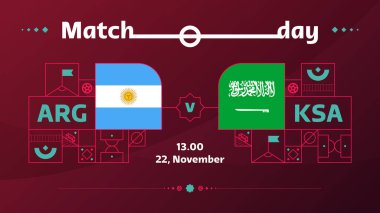 Arjantin Suudi Arabistan Futbol 2022 ile eşleşiyor. 2022 Dünya Futbol Şampiyonası karşılaşması takımlara karşı spor geçmişi, şampiyonluk yarışması posteri, vektör illüstrasyonu.