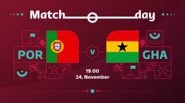Portekiz ghana maçı 2022. 2022 Dünya Futbol Şampiyonası karşılaşması takımlara karşı spor geçmişi, şampiyonluk yarışması posteri, vektör illüstrasyonu.