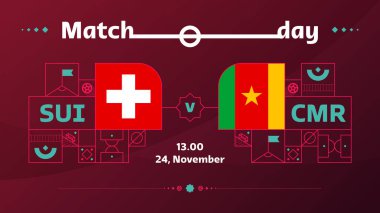 İsviçre kamera maçı 2022 Futbol maçı. 2022 Dünya Futbol Şampiyonası karşılaşması takımlara karşı spor geçmişi, şampiyonluk yarışması posteri, vektör illüstrasyonu.