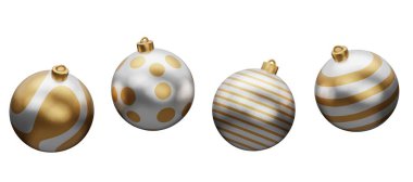 Noel izole edilmiş beyaz altın renkli, gösterişli top 3D çizim. Mutlu yıllar Noel 'in 3D görüntüsü..