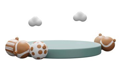 Noel münzevi podyumu. Ürün sergisi için altın mücevher topu. 3d oluşturma.