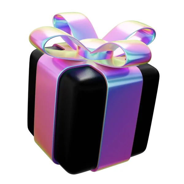 3D渲染孤立的礼品盒 现实的白纸礼品盒 配有全息彩带弓 抽象假日 生日或结婚礼物或惊喜的概念 3D高质量的隔离渲染 — 图库照片