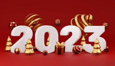 Hediye kutusu ve balosu olan mutlu yıllar 2023 altın tasarımı. Kırmızı arka planda Holliday dekoratif elementleri. 3 Boyutlu resimleme.