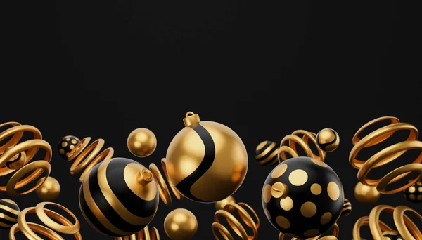 Boże Narodzenie Odizolowane Czarny Złoty Bombka Piłka Renderowania Ilustracji Szczęśliwego — Zdjęcie stockowe