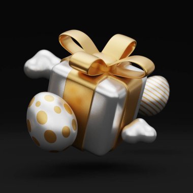 easter gold egg gift box levitation 3d illustration.