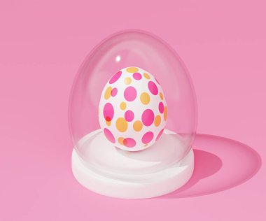 glass easter egg on isometric podium 3d render.