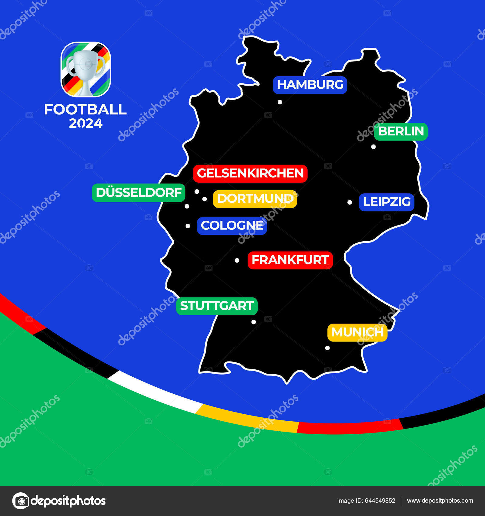 Fotbal 2024 Hostitelských Měst Vektorová Mapa Německa Městy Pořádajícími  Mistrovství Stock Vector od © logolis 644549852