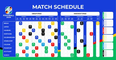 Futbol 2024 maç programı. Futbol 2024 turnuva final safhası maç programı, ağ, baskı, futbol sonuçları tablosu, futbol şampiyonası, vektör illüstrasyonu..