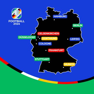 Futbol 2024 ev sahibi şehirler. 2024 Avrupa Futbol Şampiyonası 'na ev sahipliği yapan şehirlerle Almanya' nın vektör haritası.