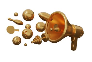 spor ekipmanları megafon altın 3d görüntüleme minimal çizgi film stili beyaz arka planda izole.