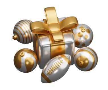 Ragbi topu noel hediyesi. Beyaz arkaplanda 3 boyutlu resimleme izole edildi.