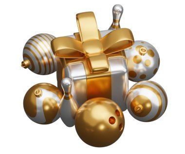 Bowling topu Noel hediyesi. Beyaz arkaplanda 3 boyutlu resimleme izole edildi.