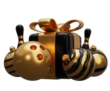 Bowling topu Noel hediyesi. Beyaz arkaplanda 3 boyutlu resimleme izole edildi.