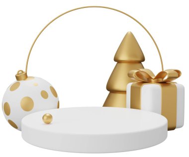 Noel podyumu kaidesi. Beyaz arkaplanda 3 boyutlu resimleme izole edildi.