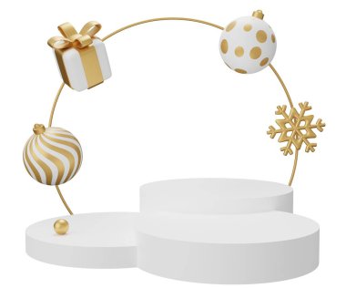 Beyaz Noel kürsüsü. Beyaz arkaplanda 3 boyutlu resimleme izole edildi.