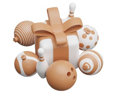 Bowling topu Noel hediyesi. Beyaz arkaplanda 3 boyutlu resimleme izole edildi.
