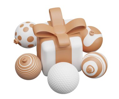 Altın top Noel hediyesi. Beyaz arkaplanda 3 boyutlu resimleme izole edildi.