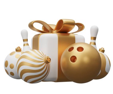 Bowling topu Noel hediyesi. Beyaz arkaplanda 3 boyutlu resimleme izole edildi.