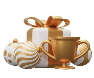Kupa kupası Noel hediyesi. Beyaz arkaplanda 3 boyutlu resimleme izole edildi.
