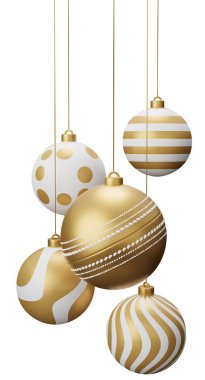 Altın Kriket Asılı Noel Baloları. Beyaz arkaplanda 3 boyutlu resimleme izole edildi.