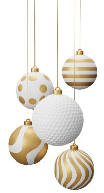 Altın Golf Asılı Noel Baloları. Beyaz arkaplanda 3 boyutlu resimleme izole edildi.