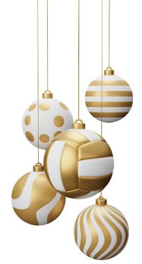 Altın Voleybol Asılı Noel Baloları. Beyaz arkaplanda 3 boyutlu resimleme izole edildi.