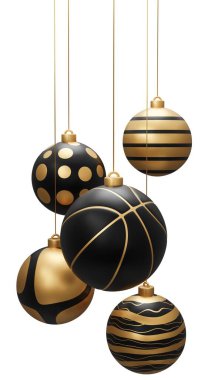 Altın Siyah Basketbol Asılı Noel Baloları. Beyaz arkaplanda 3 boyutlu resimleme izole edildi.