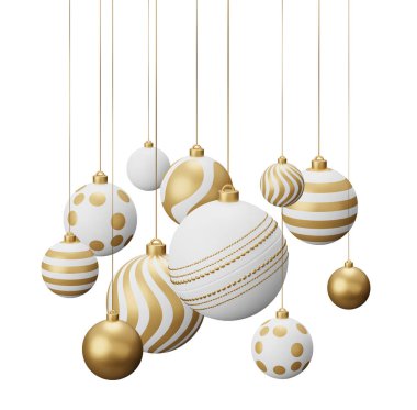 Altın Kriket Asılı Noel Baloları. Beyaz arkaplanda 3 boyutlu resimleme izole edildi.