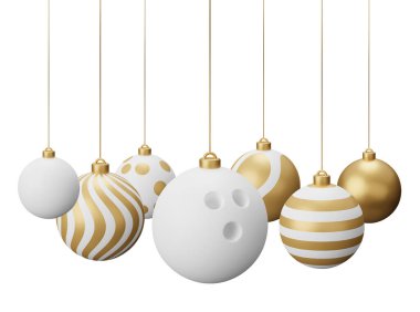 Altın Bowling Asılı Noel Baloları. Beyaz arkaplanda 3 boyutlu resimleme izole edildi.