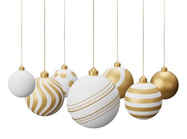Altın Kriket Asılı Noel Baloları. Beyaz arkaplanda 3 boyutlu resimleme izole edildi.