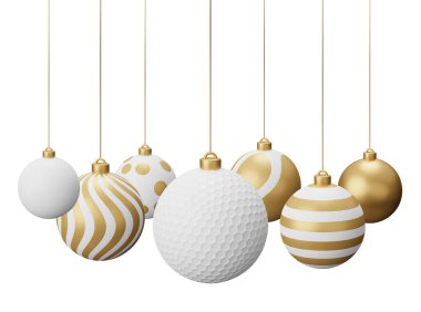 Altın Golf Asılı Noel Baloları. Beyaz arkaplanda 3 boyutlu resimleme izole edildi.
