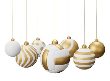 Altın Voleybol Asılı Noel Baloları. Beyaz arkaplanda 3 boyutlu resimleme izole edildi.