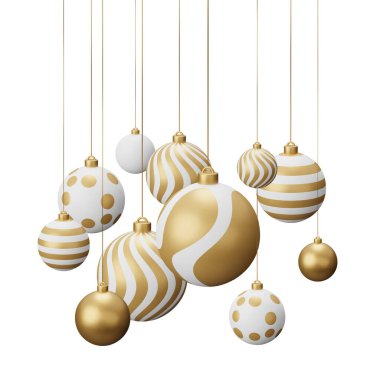 Altın Asılı Noel Baloları. Beyaz arkaplanda 3 boyutlu resimleme izole edildi.