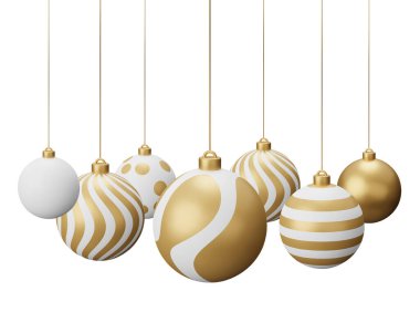 Altın Asılı Noel Baloları. Beyaz arkaplanda 3 boyutlu resimleme izole edildi.