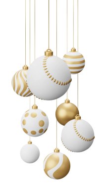 Altın Beyzbol Asılı Noel Baloları. Beyaz arkaplanda 3 boyutlu resimleme izole edildi.