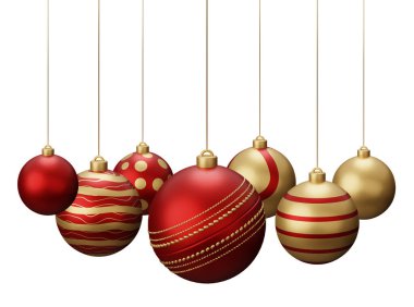 Kırmızı ve Altın Kriket Asılan Noel Baloları. Beyaz arkaplanda 3 boyutlu resimleme izole edildi.
