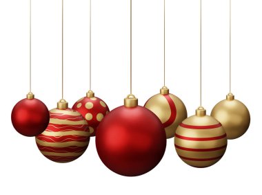 Kırmızı ve Altın Asılı Noel Baloları. Beyaz arkaplanda 3 boyutlu resimleme izole edildi.