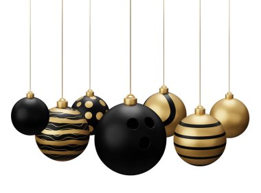 Altın Kara Bowling Asılı Noel Baloları. Yılbaşı sporu beyaz arka planda 3D canlandırma.