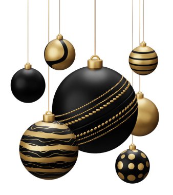 Altın Siyah Kriket Asılı Noel Baloları. Yılbaşı sporu beyaz arka planda 3D canlandırma.