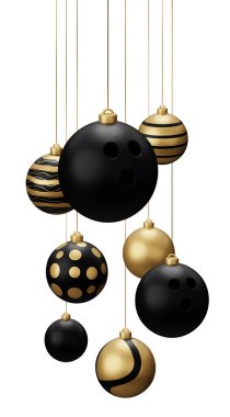 Altın Kara Bowling Asılı Noel Baloları. Yılbaşı sporu beyaz arka planda 3D canlandırma.