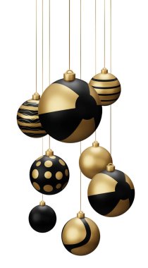 Altın Siyah Kumsal Noel Baloları Asıyor. Yılbaşı sporu beyaz arka planda 3D canlandırma.