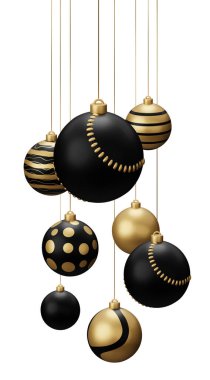Altın Siyah Beyzbol Asılı Noel Baloları. Yılbaşı sporu beyaz arka planda 3D canlandırma.