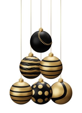 Altın Siyah Beyzbol Asılı Noel Baloları. Yılbaşı sporu beyaz arka planda 3D canlandırma.