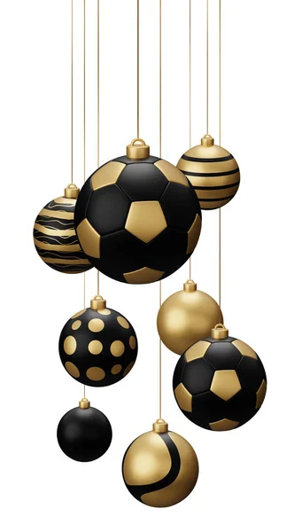 Χρυσό Μαύρο Ποδόσφαιρο Κρέμεται Μπάλες Χριστούγεννα Χριστούγεννα Αθλητισμού Καθιστούν Εικονογράφηση — Φωτογραφία Αρχείου