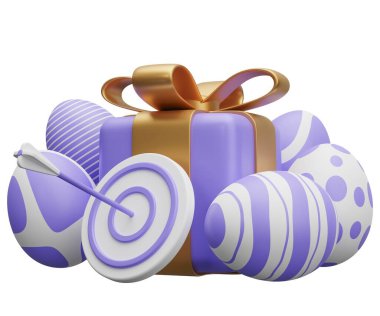 Hedef ok Paskalya hediyesi. Beyaz arkaplanda 3 boyutlu resimleme izole edildi.