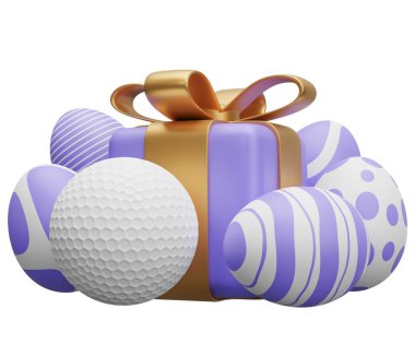 Golf Paskalya hediyesi. Beyaz arkaplanda 3 boyutlu resimleme izole edildi.