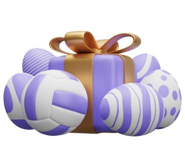 Paskalya voleybolu hediyesi. Beyaz arkaplanda 3 boyutlu resimleme izole edildi.
