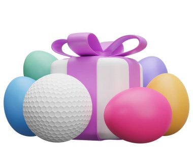 Golf Paskalya hediyesi. Beyaz arkaplanda 3 boyutlu resimleme izole edildi.